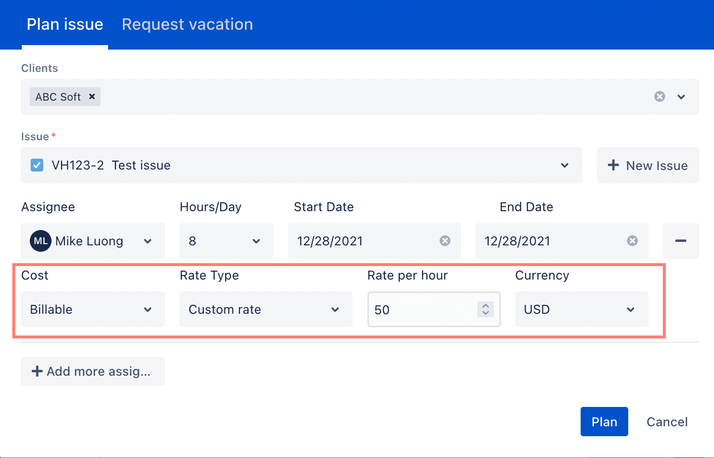 TimePlanner plan cost for Jira