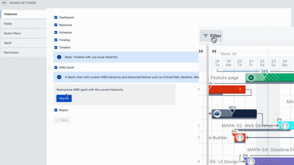 Filter, Restructure WBS Gantt with current hierarchy,