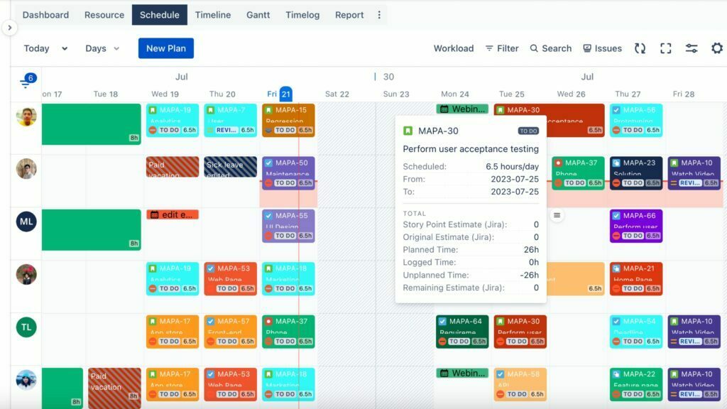 Schedule board of TeamBoard