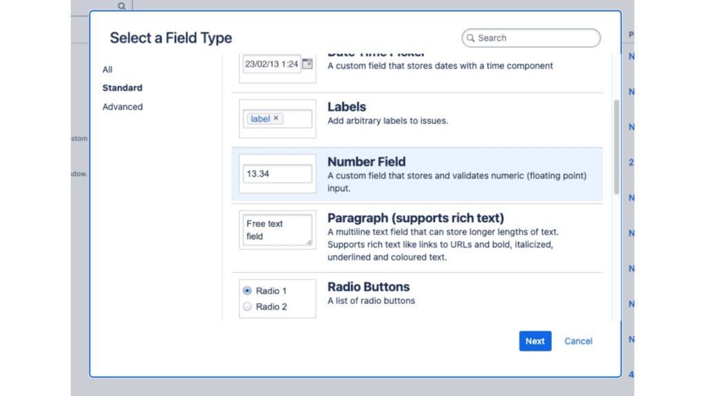 select a field type in jira