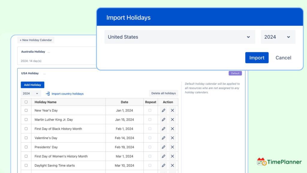 employee leave - import holiday and calendars