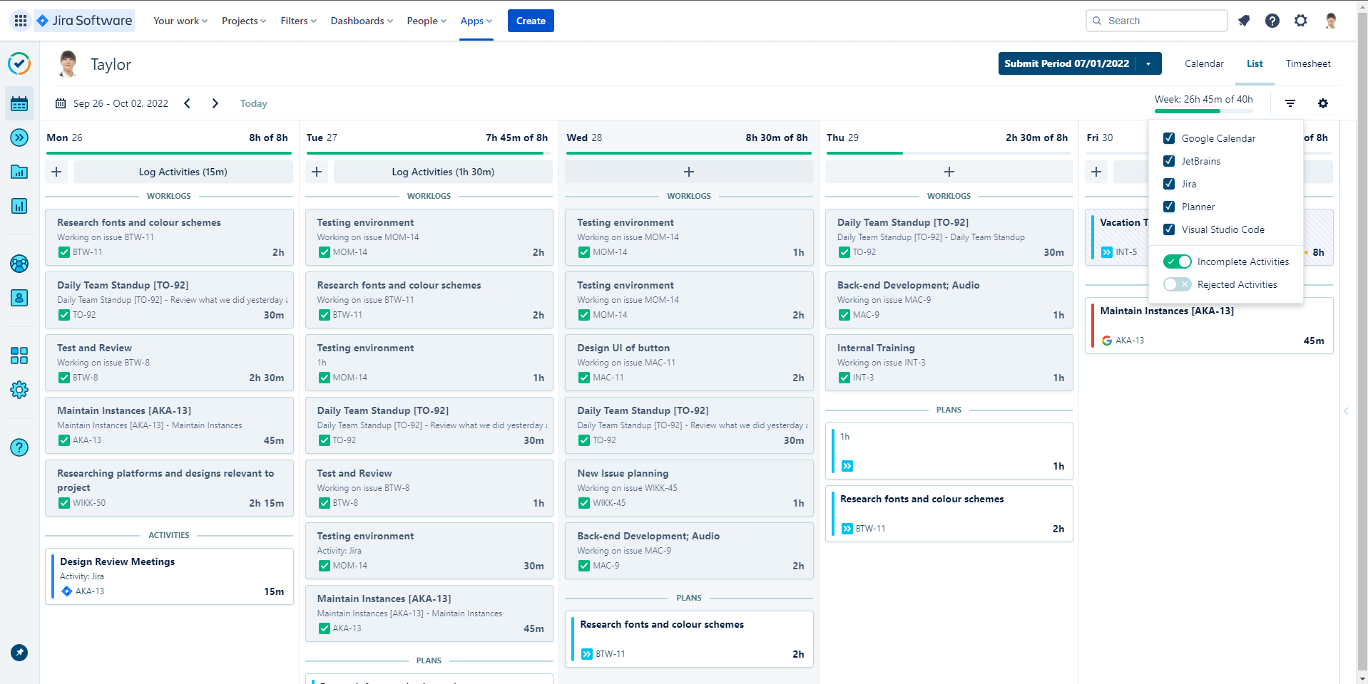 Timesheets's interface