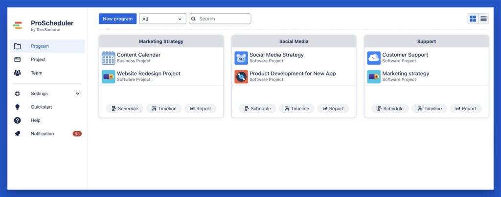 Manage multiple projects in ProScheduler