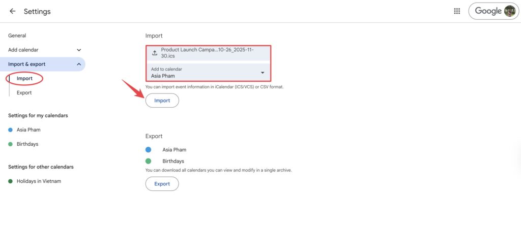import ICS file into Google Calendar