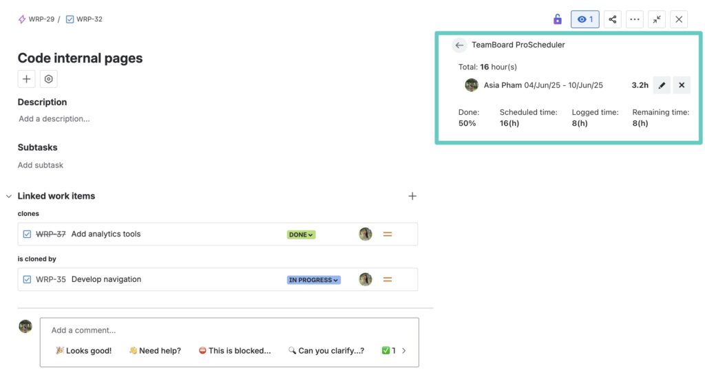 Auto Progress (Scheduled vs Logged Time)