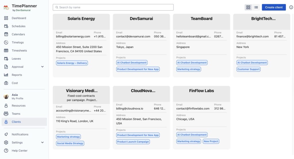 Create clients in TimePlanner