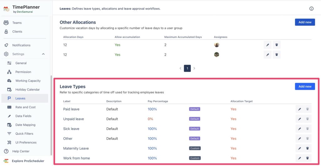 Configure leave types