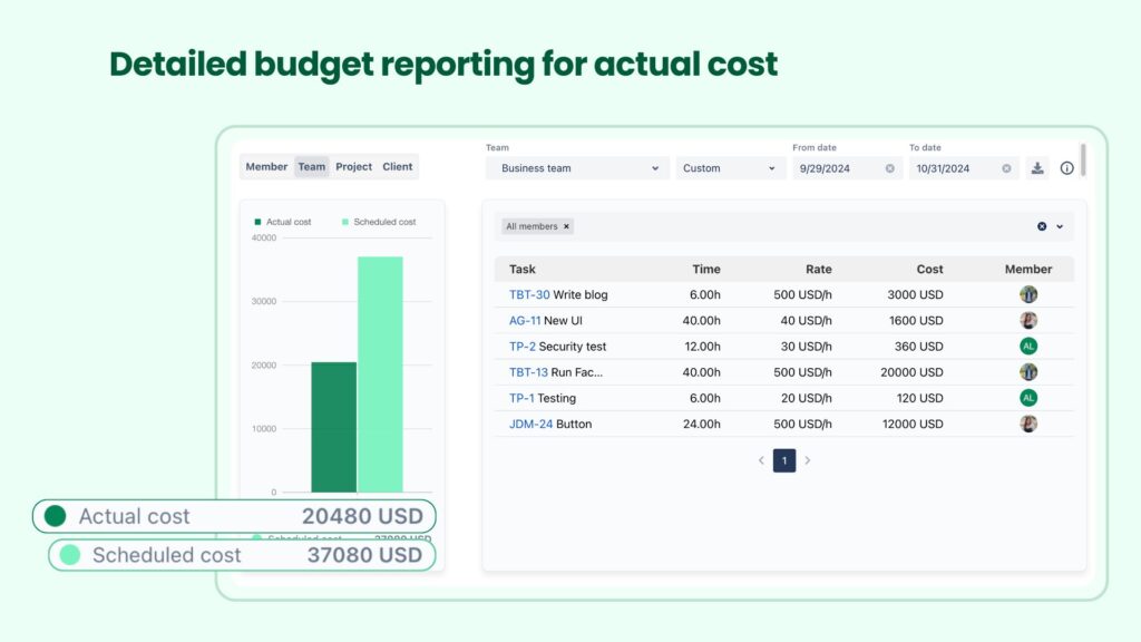 Detailed budget reporting for actual cost