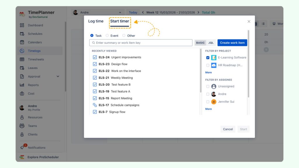 Choose tab Start timer in TimePlanner