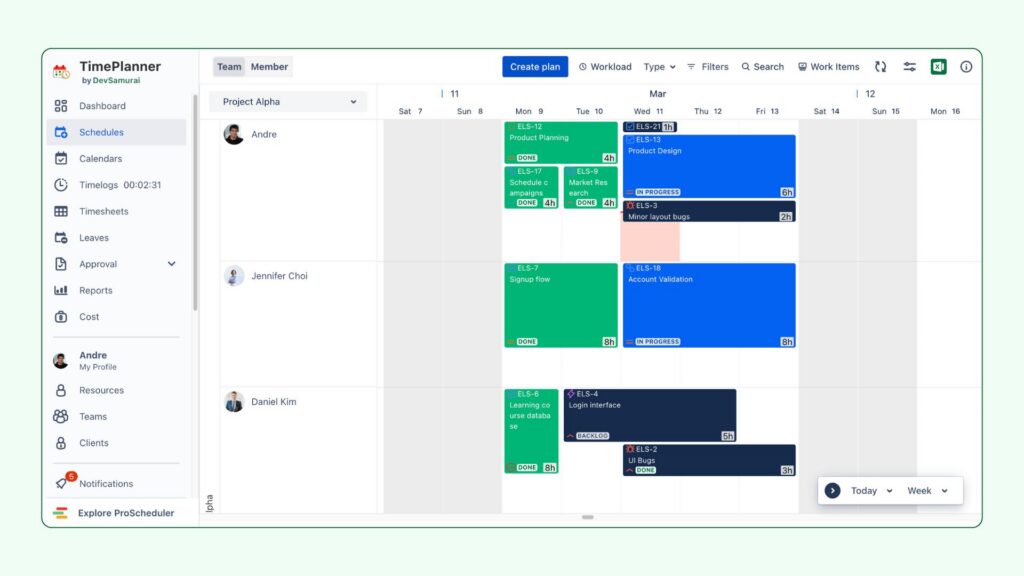 TimePlanner's Schedules Board for Jira time logging