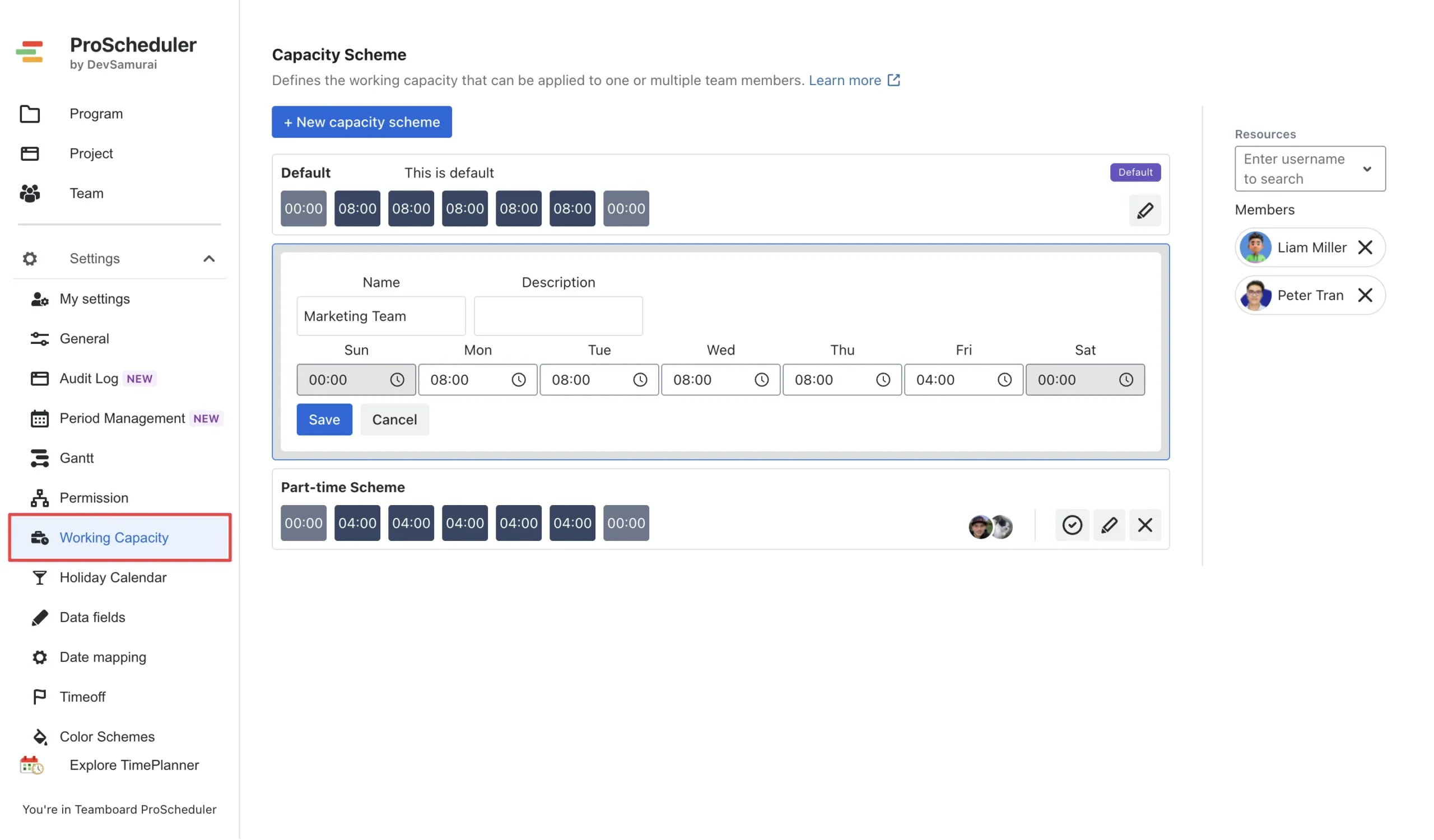 Editing Capacity Scheme on ProScheduler
