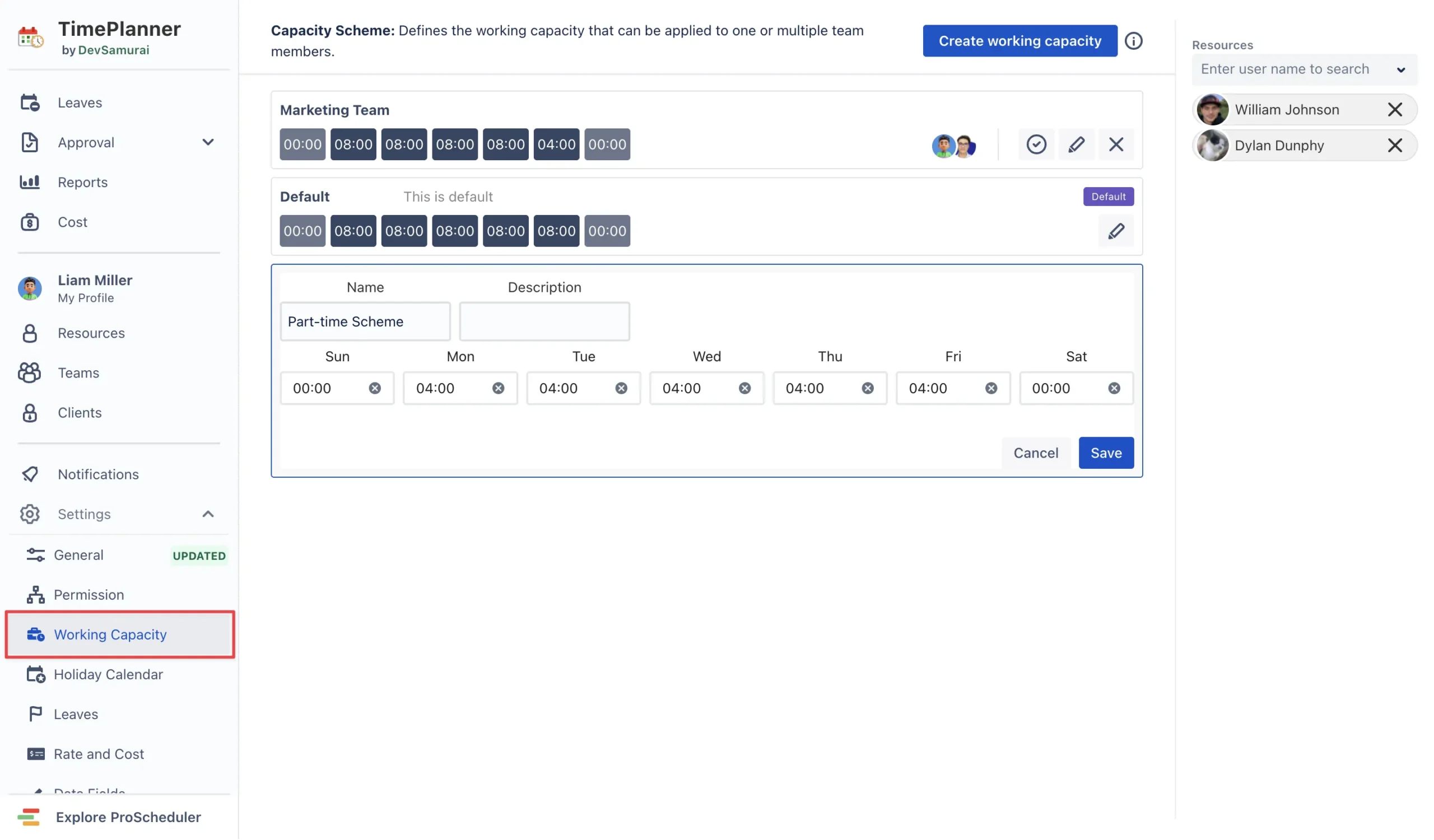 Editing Capacity Scheme on TimePlanner