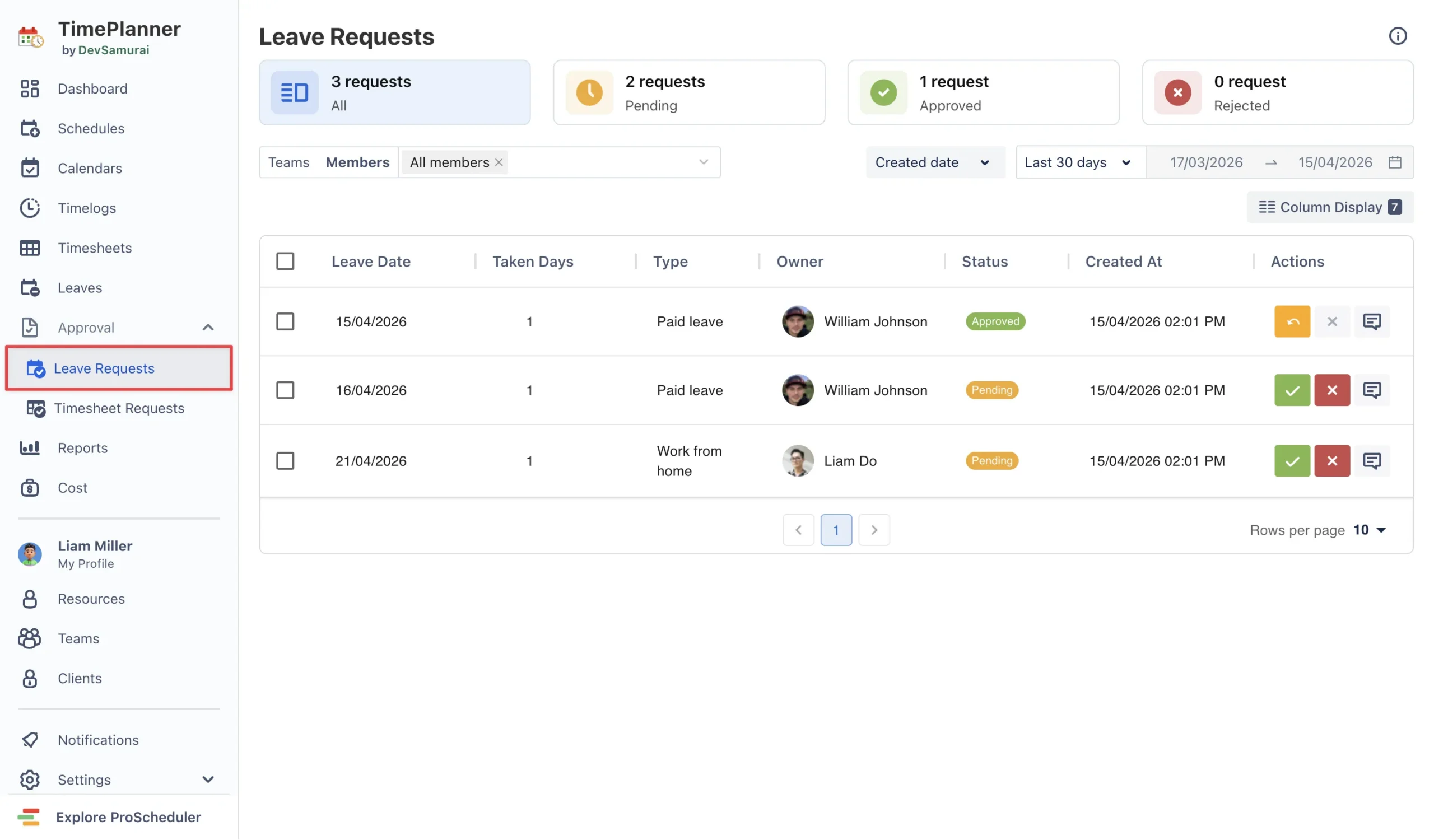 Approval workflow for leave requests on TimePlanner